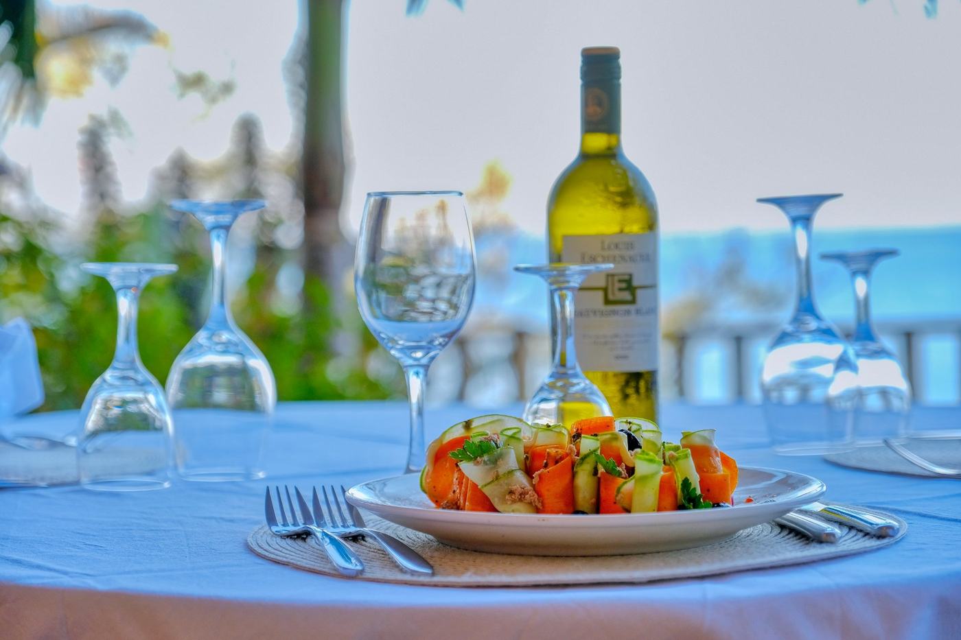 Une entrée de légumes frais et un verre de vin blanc, face à la mer